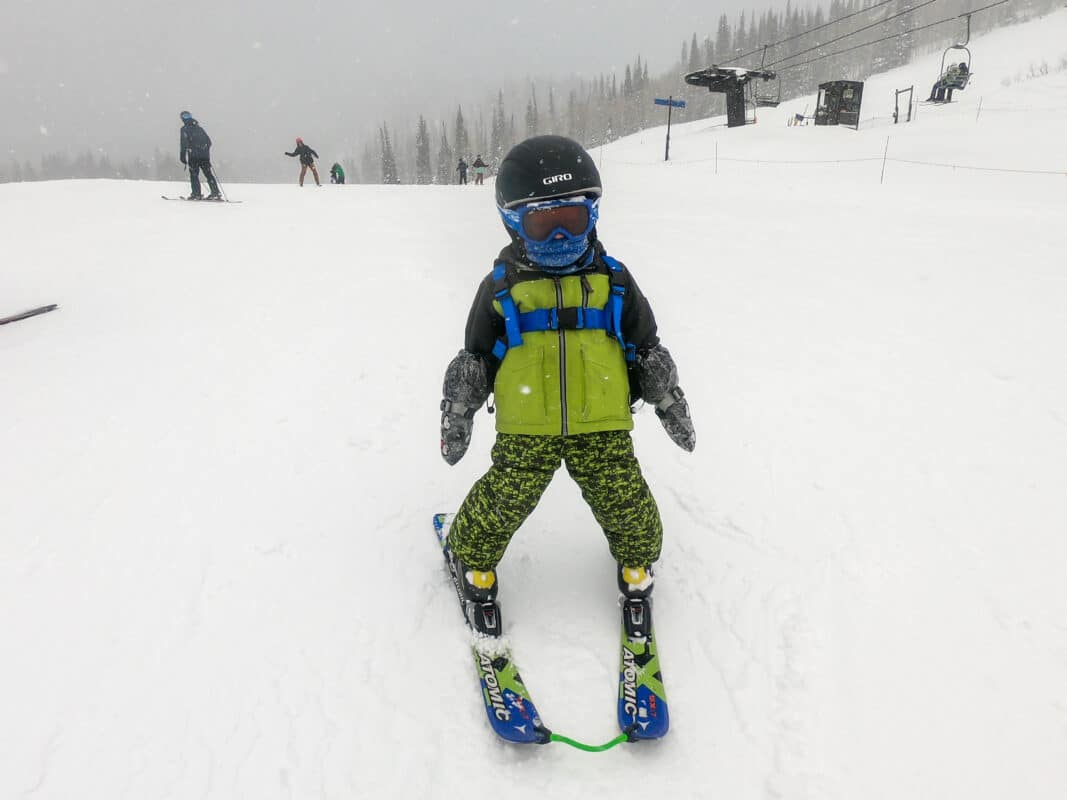 little boy skiing with edgie wedgie