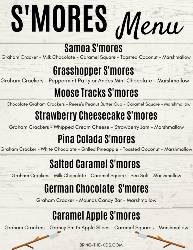 printable gourmet smores menu