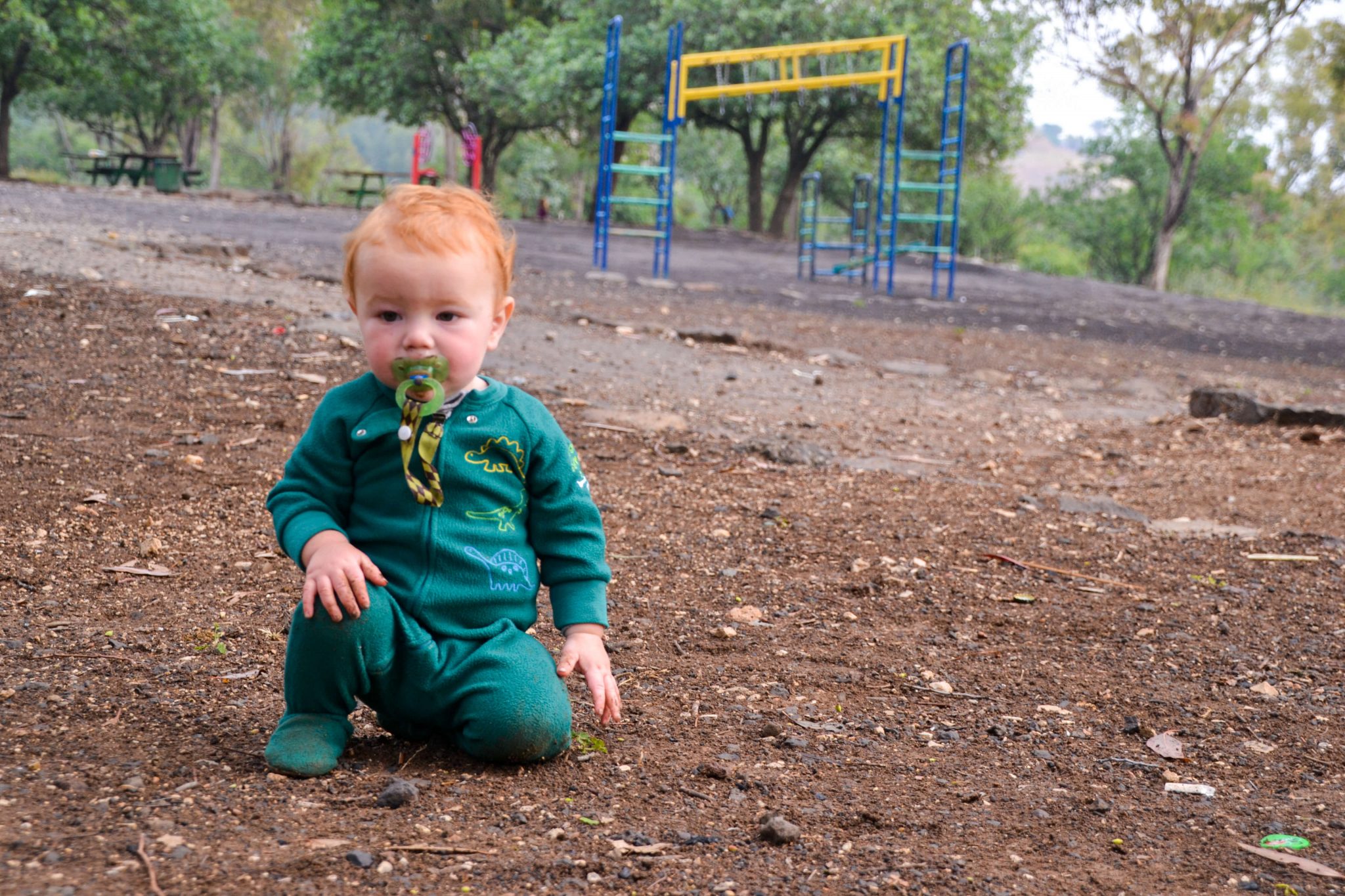 crawling baby camping in the forest