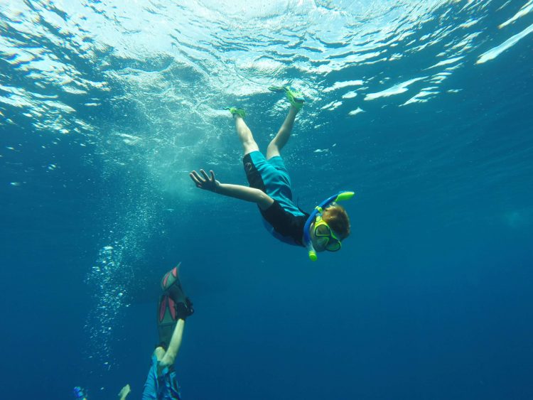 boy diving with a wetsuit while snorkeling