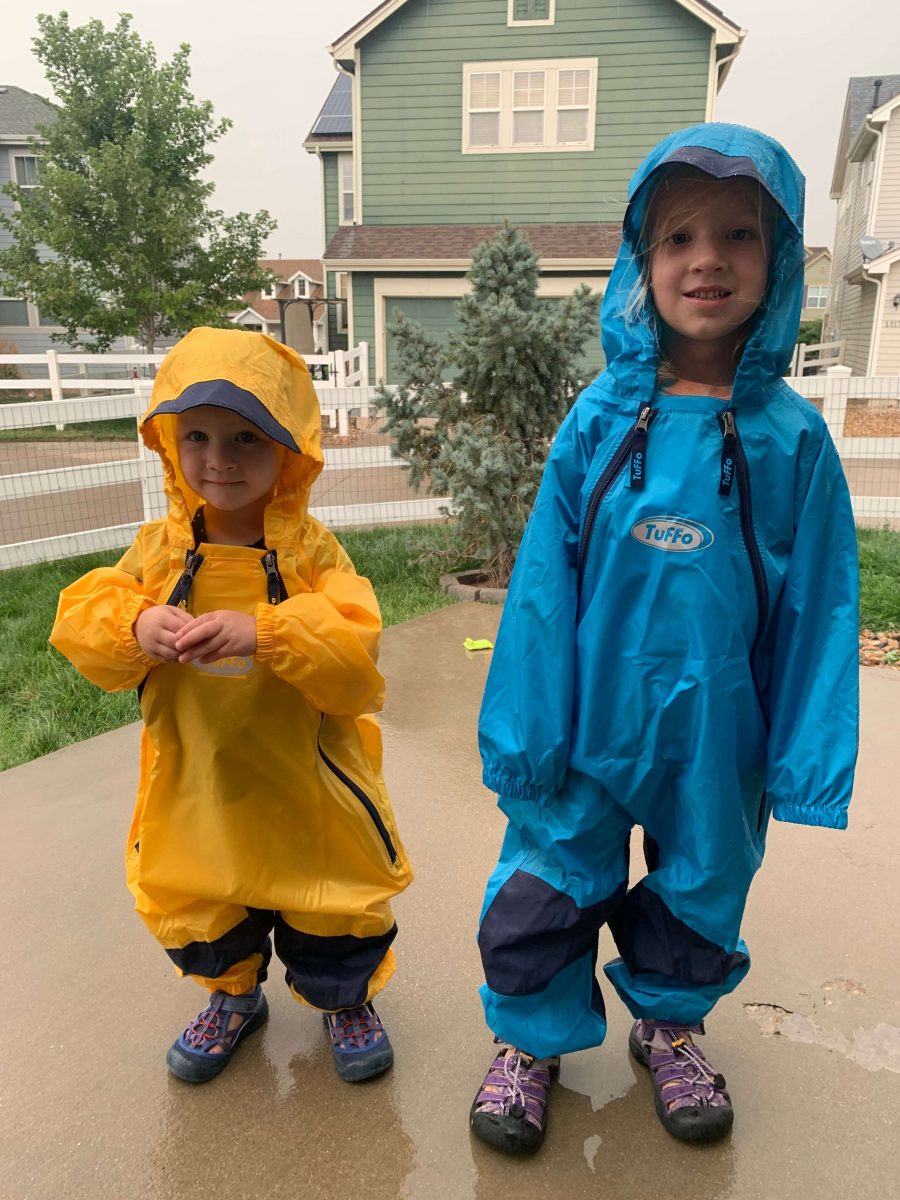 Playing in the rain in Tuffo Muddy Buddy Rainsuit