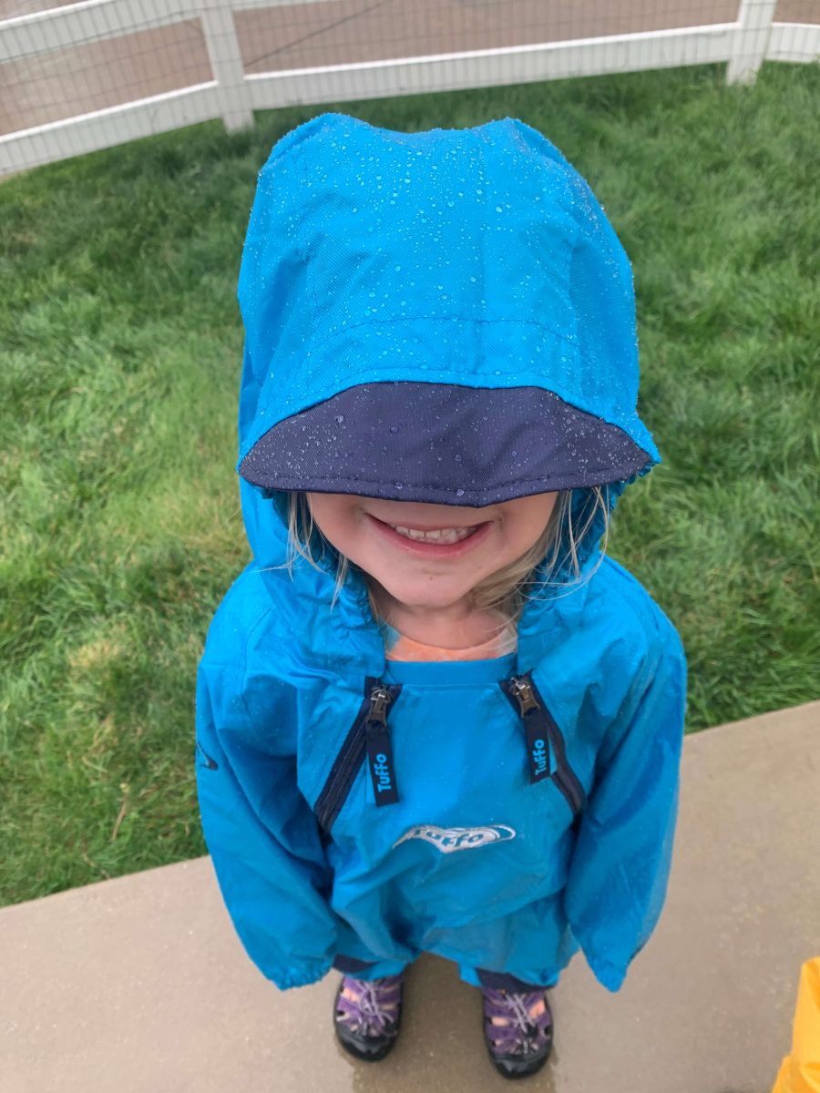 Water beading off of Muddy Buddy Rainsuit